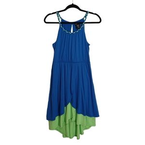 PAPER DOLL Blue Green Layered Tulip Hi Low Skirt Braided Neckline Dress 16 G